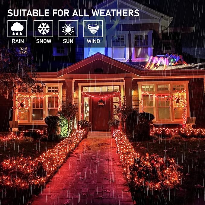 Weillsnow Orange Halloween Lights, 66FT Plug-in Waterproof String Lights, 8 Modes with Memory for Indoor/Outdoor Garden Decorations