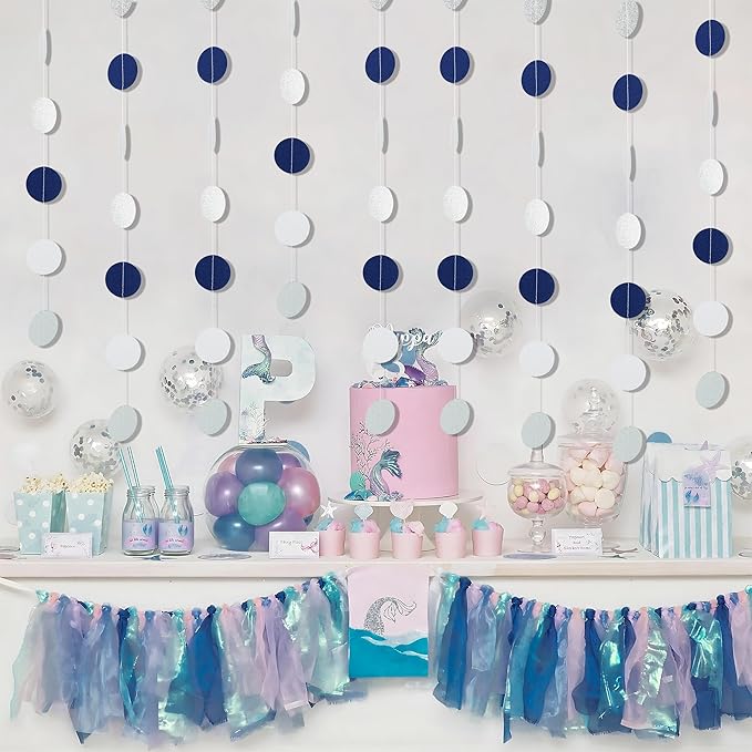 40Ft Navy Blue White Silver Circle Dots Garland - Glitter Hanging Streamer Backdrop for Birthday Wedding Baby Bridal Shower Graduation Christmas Party Decor