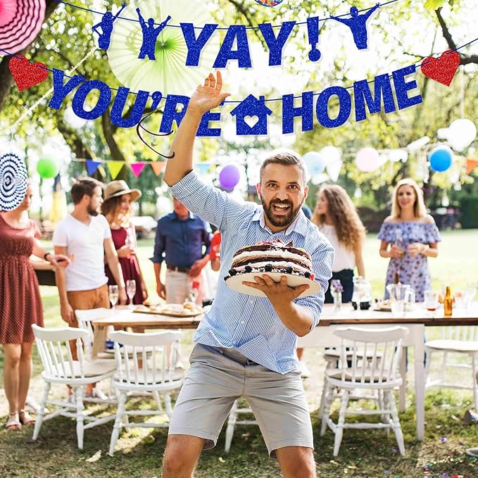 Pre-Strung Yay! You’re Home Banner, NO DIY Glitter Welcome Home Decorations for Military Army Returning Homecoming Party, Blue