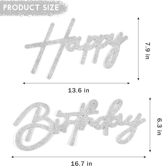 CANREVEL Happy Birthday Sign for Backdrop, Glitter Felt Silver Happy Birthday Banner, Silver Birthday Party Decorations for Girl Boy Women Men, Wall Decor Balloon Arch Photo Prop