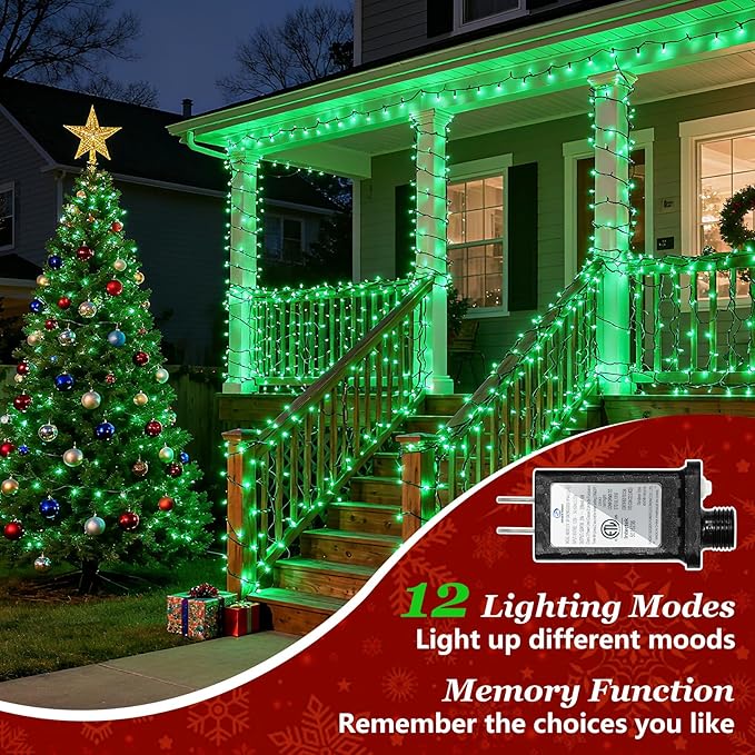 300 LED Indoor Outdoor String Lights with 12 Modes, Green Wire Christmas Tree Lights with Timer, Dimmable St Patrick's Day Decorations Lights, 75FT LED Lights for Halloween Xmas Easter Decor, Green