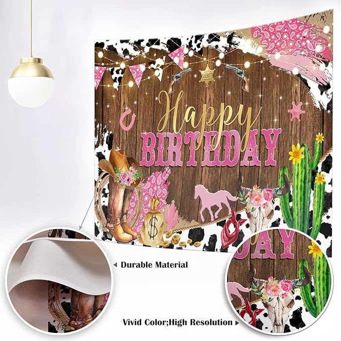 Mocsicka Western Backdrop - Cowgirl Happy Birthday Backdrop, Western Birthday Party Decorations, Pink for Grils Birthday Party Photography Background Supplies (Pink, 7x5ft (82x60 inch))