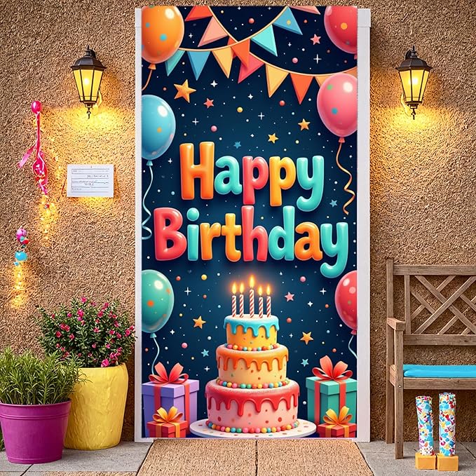 Colorful Happy Birthday Party Door Cover Banners Sign Decorations Birthday Backdrop Background with Cake Balloon Gift for Bday Party Decor Supplies Decorations Indoor Outdoor Kids Girls Boys
