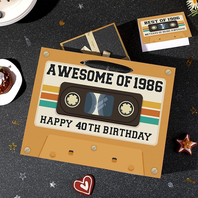 40th Birthday Gift Bag for Men Women Retro Tape 1986 Birthday Party Favor Bags with Tissue Paper and Card Brown Vintage Cassette 40 Years Old Gift Wrapping Bag Decorations for Mom Dad Friends Gifts