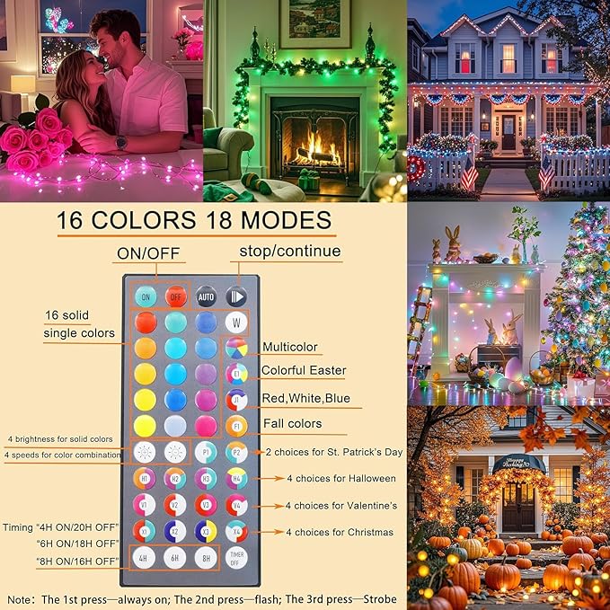 Pooqla 4-Pack Color-Changing String Lights, 66.6ft 200 LED with Remote, 34-Color Twinkle Lighting for Indoor Outdoor 4th of July Patriotic Decor