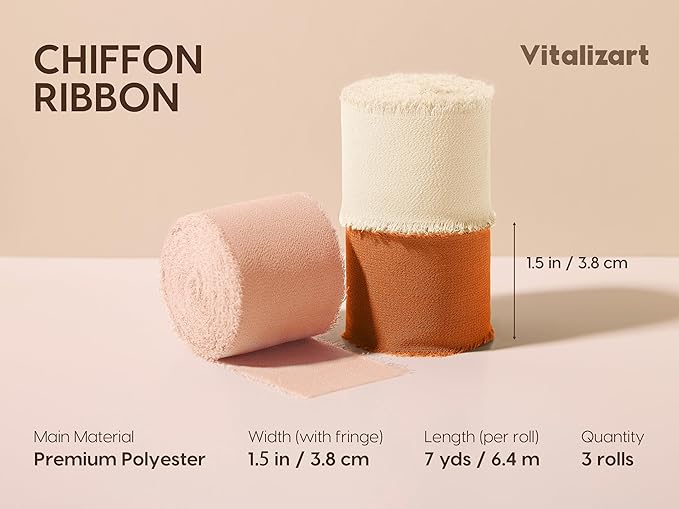 Vitalizart Fall Handmade Chiffon Silk Ribbon Fringe 1.5" x 21 Yd Terracotta Cream Frayed Edges Ribbons for Wedding Invitations Bridal Bouquets Gifts Wrapping Crafts Holiday Party Decorations