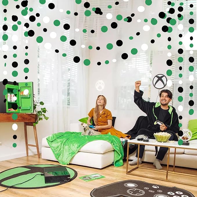 46 Ft Black Green Party Decorations Polka Dots Garlands Green and Black White Hanging Paper Circle Dots Streamer for Birthday Graduation Wedding Baby Shower Soccer Video Game Party Decoration Supplies