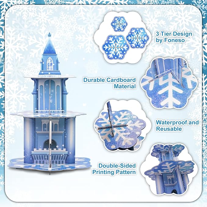 3 Tier Frozen Cupcake Stand Holder, Thickened Cupcake Tower for Boys Girls Kids Birthday Party Christmas Supplies Decorations Winter Snow Themed Cake Holder Dessert Display Stand