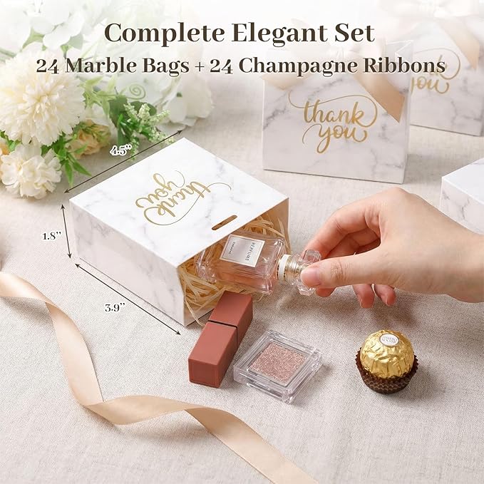 VGOODALL 24PCS Thank You Gift Bags, 4.5x3.9x1.8Inches Mini Party Favor Bags White Treat Boxes with Bow Ribbon for Wedding Bridal Baby Shower Birthday Party