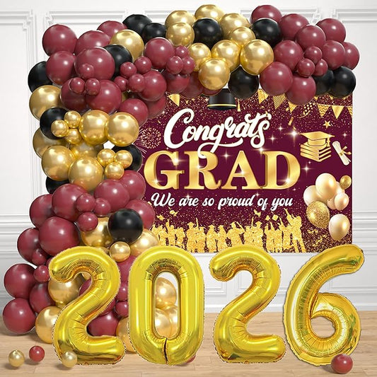 Maroon 2026 Graduation Party Decorations - Graduation Balloon Arch Kit With Maroon Gold Graduation Balloons, Congrats Grad Backdrop, 2026 Foil Balloons For High College School Graduation Decorations