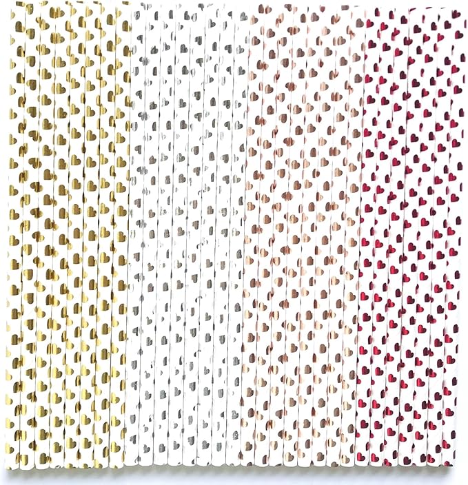 100 pcs Mixed Glitter Colorful Party Paper Straws, Metallic Rose Gold Golden Silver Red Foil Heart Drinking Straws, Valentine Anniversary Wedding Valentine's Day Cake Pop Sticks (Metallic Heart)