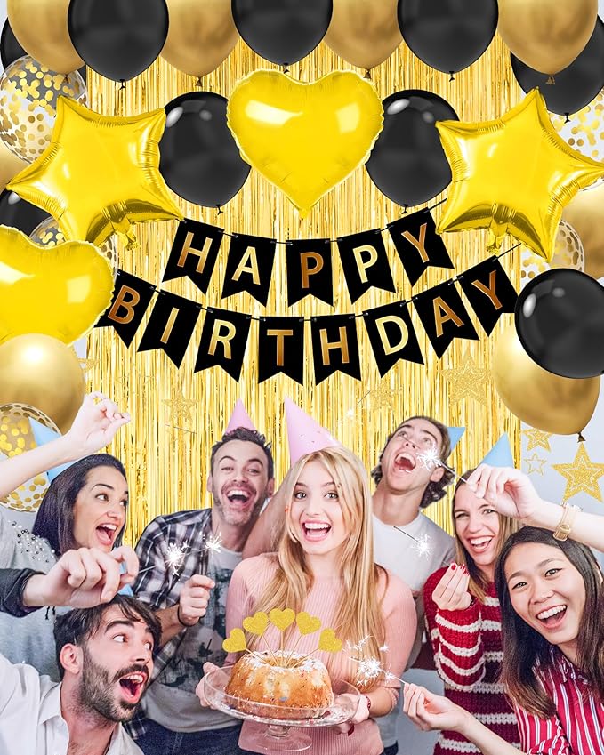 Lutoys Black Gold Happy Birthday Party Decorations, Happy Birthday Banner, Black Gold Foil Heart Star Confetti Balloons Curtain Backdrop Hanging Swirls Party Decor for Boys Men