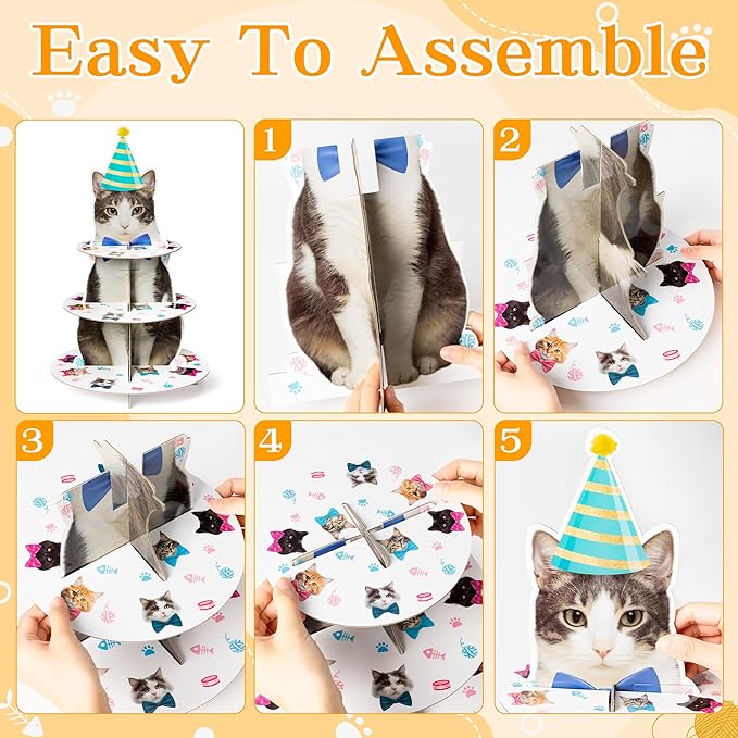 Haooryx Cute Cat Cupcake Stand - 3 Tier American Shorthair Cat Cupcake Tower Cardboard Dessert Holder Cake Stand Serving Tray for Cat Theme Party Table Decor Pet Lovers Kids Birthday Party Supplies