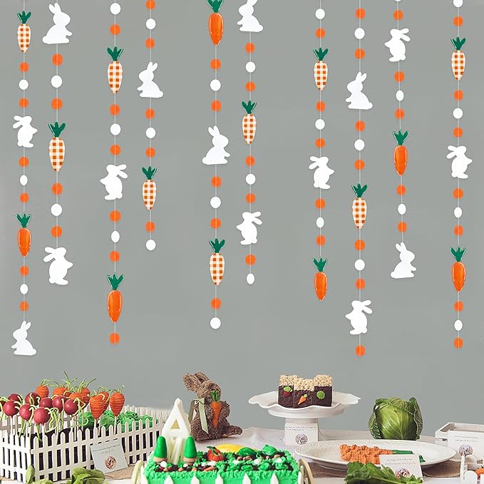 Pinkblume Easter Party Decorations - Bunny Carrot Circle Dot Garland Streamer Hanging Paper Buffalo Plaid Carrot Polka Dot Rabbit Banner for Spring Day Party Supplies