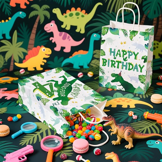 Grencian 16 Pcs Dinosaur 4th Birthday Party Favor Bags Roar Im Four Dinosaur Candy Treat Gift Goodie Bags with Handles Dino Four Year Old Birthday Decorations for Boys 4 Year Old Party Decorations Favors Supplies