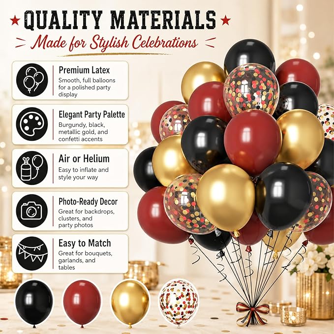 Burgundy Gold Balloons, 60Pcs Burgundy Balloon, 12 Inch Metallic Gold Wine and Black Latex Balloons for Birthday Party Bachelorette Graduation Anniversary Bridal Shower Celebration Party Decorations