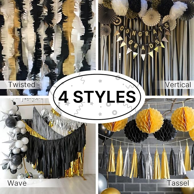 PartyWoo Black Crepe Paper Streamers 4 Rolls 328 ft Pack of Black Crepe Paper for Graduation Halloween New Year Anniversary Birthday Party Decorations (1.8 Inch x 82 Ft/Roll), Black-19