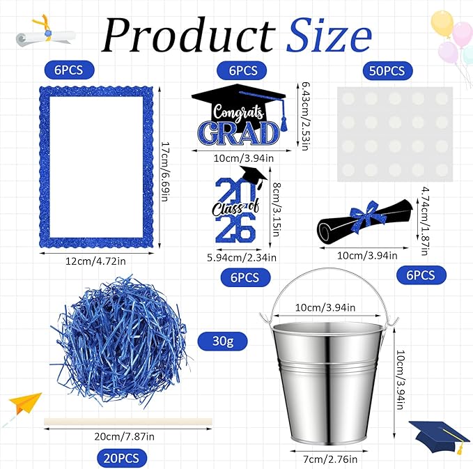 Foilswirl 6 Set 2026 Graduation Table Centerpieces Photo Table Toppers with Small Galvanized Buckets and Shredded Paper Filler for Class of 2026 Graduation Party Decoration(Blue)