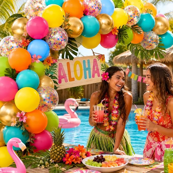 Tropical Balloons, 60Pcs Summer Balloon Hot Pink Orange Teal Blue Yellow Green Gold Colorful Balloons with Rainbow Confetti Balloon for Hawaiian Aloha Luau Pool Birthday Beach Party Decorations