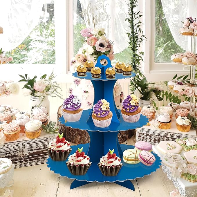 Soleebee 3-Tier Cupcake Stand, Cardboard Cupcake Tower, Dessert Cup Cake Stand Tower for Birthday Wedding Party Decoration, Cupcake Tier Stand 1 Set (Dark Blue)