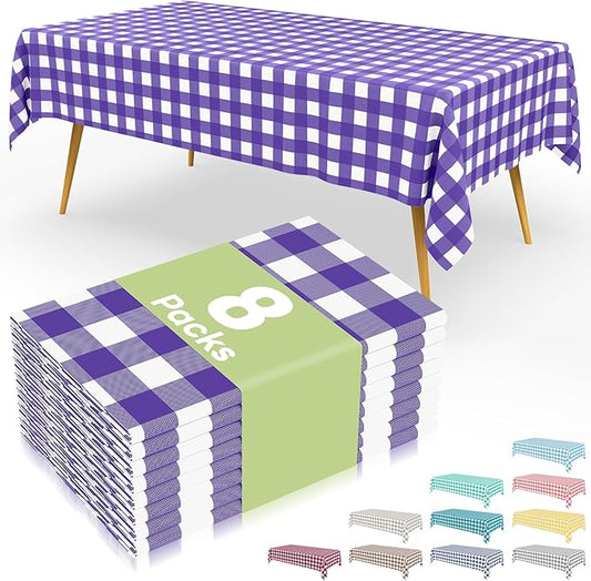 Smiry 8 Packs Gingham Disposable Table Cloth, 54 x 108 Inch Waterproof Plastic Tablecloth, Rectangle Purple and White Checkered Table Covers for Picnic, Birthday, Party