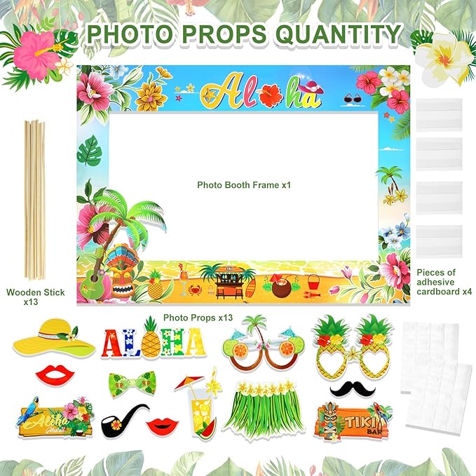 PHOGARY 13PCS Luau Photo Booth Props with 1PCS Hawaii Aloha Photo Frame Photo Props, Summer Photo Booth Props Kit for Hawaiian Tropical Luau Summer Pool Beach Birthday Party Decorations Supplies