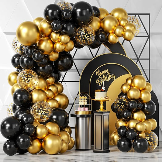 Bezente Black Gold Balloons Garland Kit, 100Pcs Black Gold Metallic Chrome and Gold Confetti Balloons Arch with Tape for New Year 2026,Wedding, Birthday,Graduation,Special Events Party Decoration
