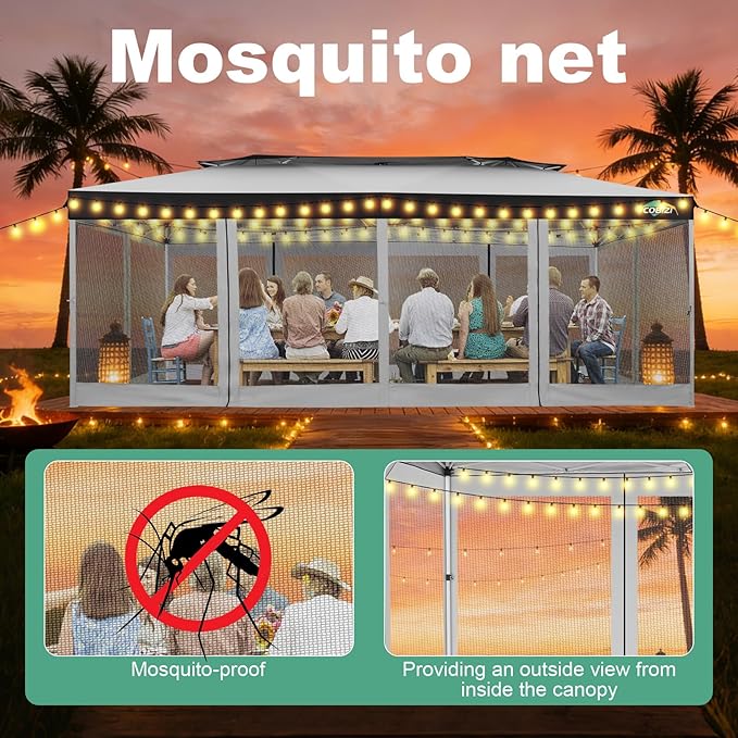 COBIZI 10x20 Pop up Gazebo, One-Push Setup Canopy Tent with Mosquito Netting & Vented Roof Design, Upgrade Metal Easy up Canopy Carpa Outdoor Gazebos for Backyard Camping Deck Party(White & Gray)