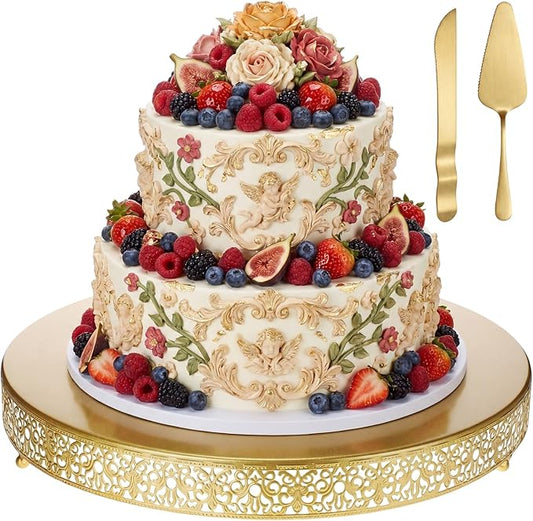 Wenqik 20 Inch Gold Cake Stand Set Metal Round Cupcake Dessert Stand with Cake Cutting, Spatula Wedding Cupcake Pastry Display Candy Holder Display for Wedding Party Birthday Baby Shower(Classic)
