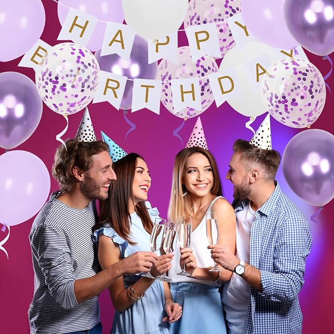 Happy Birthday Banner, Purple Birthday Decoration, 16 Pcs 12in Balloons with 2 Ribbons for Men Women Girls and Boys Party Decoration