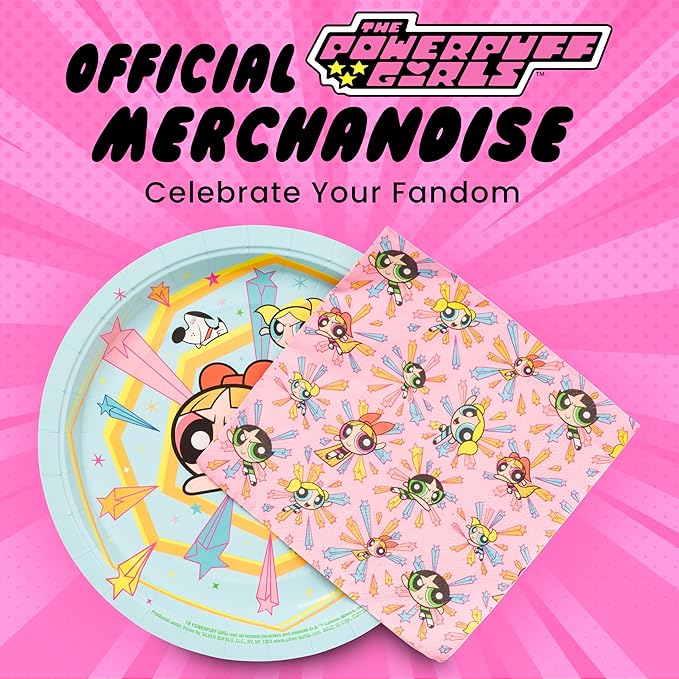 Silver Buffalo The Powerpuff Girls Featuring Blossom, Bubbles, and Buttercup 32 Pack Partyware Disposable Paper Plates and Napkins