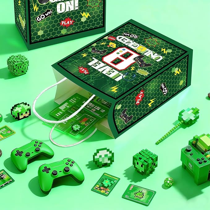 Grencian 16Pcs Video Game 8th Birthday Party Favor Bags Green Gamer 8th Birthday Candy Treat Gift Goodie Bags with Handles Gaming Level 8 Decorations for Boys Kids 8 Years Old Party Favors