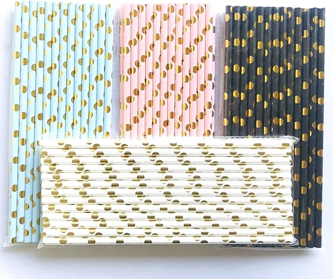 100 pcs Mixed Colorful Party Paper Straws, Colored Black Light Pink Blue White Gold Foil Polka Dot Drinking Straws Bulk, Disposable Craft Holiday Birthday Wedding Cake Pop Sticks (Metallic Dot)