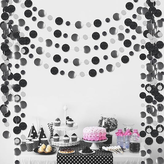 Outus 5 Pieces Black,Silver Round Dots Garland Graduation Party Hanging Decor Each Length 13.1ft Glitter Paper Dot Streamers for Birthday Wedding Classroom Supplies