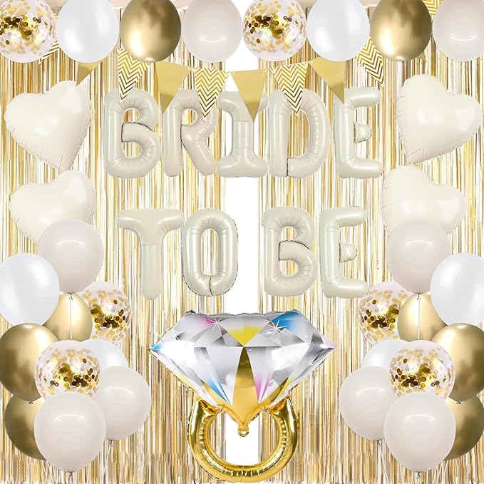 45Pcs Bachelorette Party Decorations Champagne Gold, Bride To Be Balloon Banner with Fringe Curtain Diamond Ring Confetti Balloons, Bridal Shower Engagement Wedding Party Supplies Decor Kit