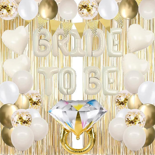 45Pcs Bachelorette Party Decorations Champagne Gold, Bride To Be Balloon Banner with Fringe Curtain Diamond Ring Confetti Balloons, Bridal Shower Engagement Wedding Party Supplies Decor Kit
