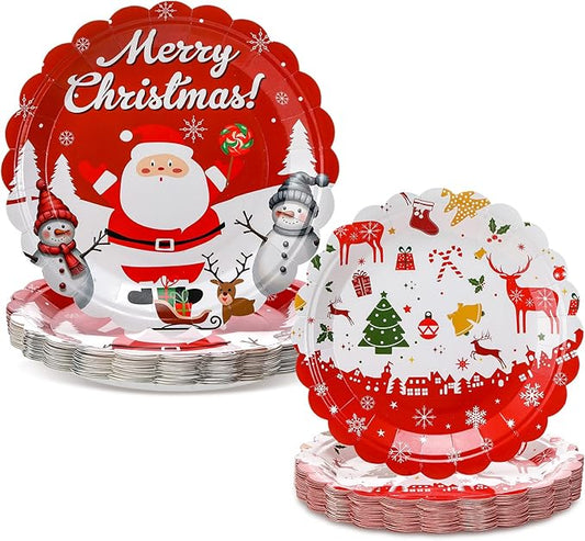 Havawish 60 Pcs Red Santa Paper Plates Merry Christmas Party Decorations Disposable Xmas Plates Snowman Paper Table Dinnerware Set for Christmas Holiday Party Table Decor