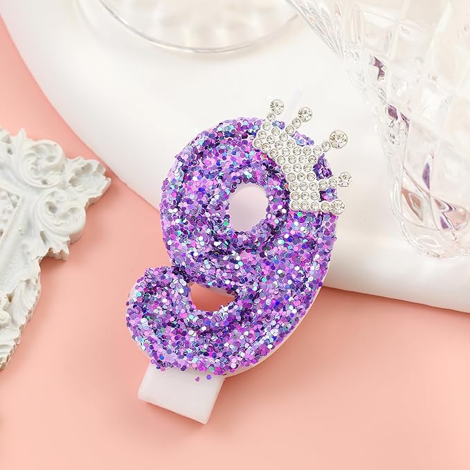 Birthday Number Candles,Purple Crown Birthday Candles for Cake,Glitter Number 9 Candle Cake Topper with Sequins for Anniversary Celebrations Supplies