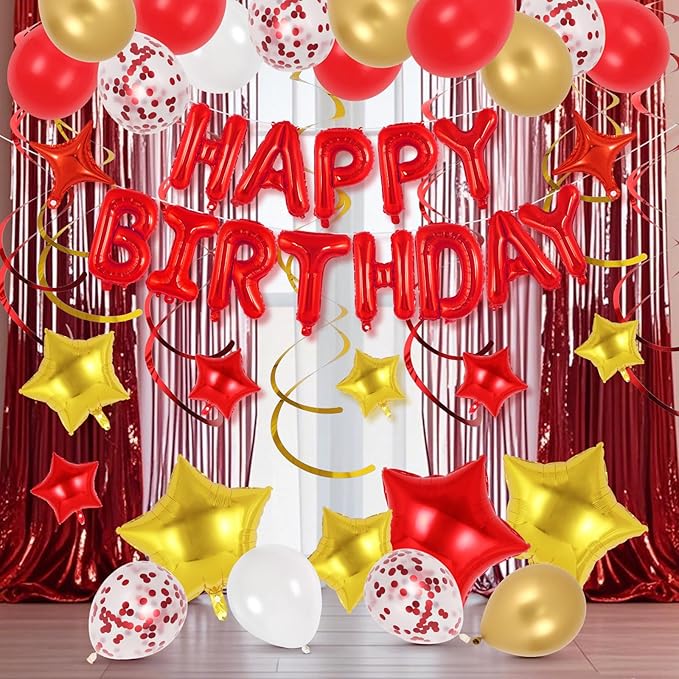 55 Pcs Happy Birthday Balloons Letters Banner with 35 Pcs Star Foil Balloon, 20 Pcs Latex Balloons, 6 Hanging Swirls for Women Men Boys Girls Birthday Party Decorations Set ﻿ (Red)