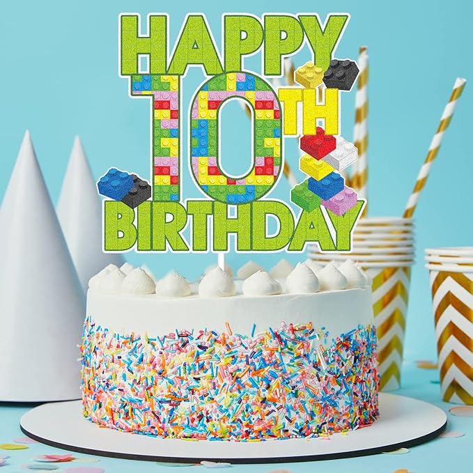 Happy 10th Birthday Building Block Cake Topper - Puzzle Games 10th Birthday Party Green Cake Topper Supplies - Building Block Party Decoration For Adult
