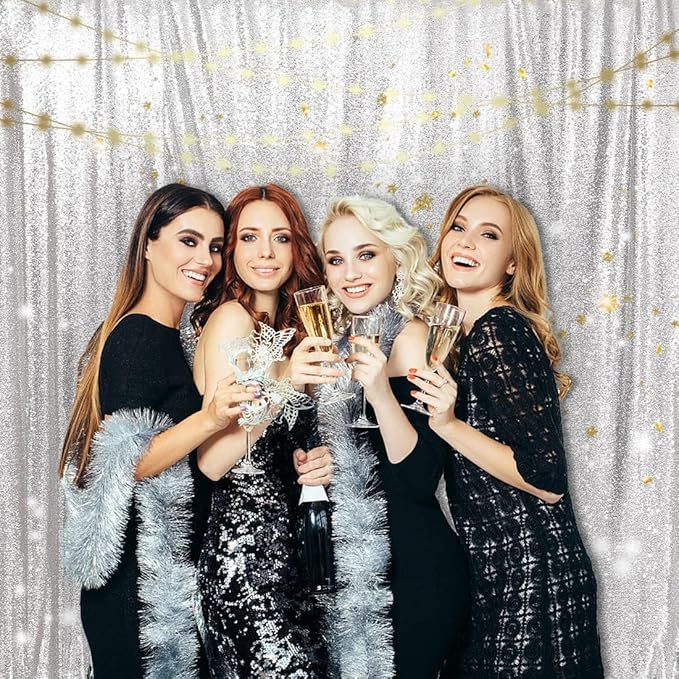 PartyDelight Silver Sequin Backdrop 6x6ft - High Density 3mm Shimmer Sequin Background with 4-Inch Rod Pocket, Sparkly Photography Curtain for Birthday, Disco, TikTok & Live Decor