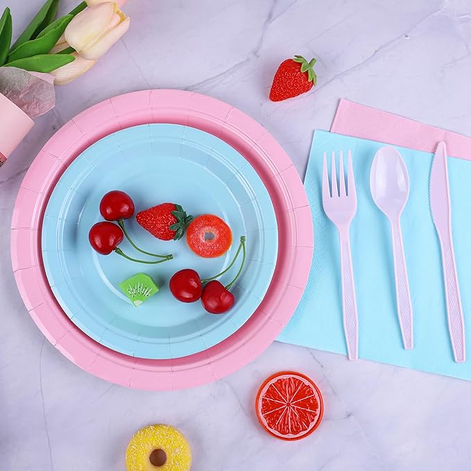 durony 350 Pieces Baby Gender Reveal Party Supplies Light Pink Light Blue Paper Plates Serve 50 Guests Boy or Girl Gender Reveal Plates Napkins Paper Cup Cutlery for 1st Birthday and Baby Shower Decor