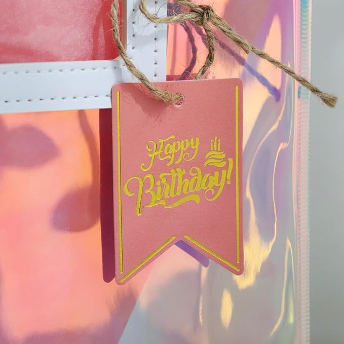 8.3'' Holographic Small Birthday Gift Bag with Tissue Paper and Happy Birthday Gift Tag for Women Girls Mothers (S- Glossy Coral)