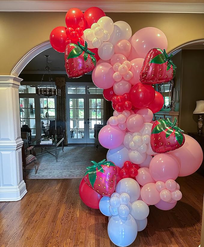 240pcs Strawberry Balloon Arch Garland Kit, Red and Pink Balloons with Strawberry Foil Balloons for Girls Sweet One Berry First Birthday Baby Shower Valentine's Day Party Decorations