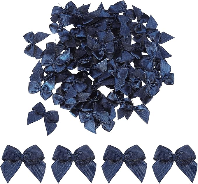 MECCANIXITY 50 Pcs Mini Ribbon Bow 1" Mini Fabric Satin Ribbon Flower Bows for Craft DIY Sewing Wedding Birthday Party Gift Wrap Bows Navy Blue