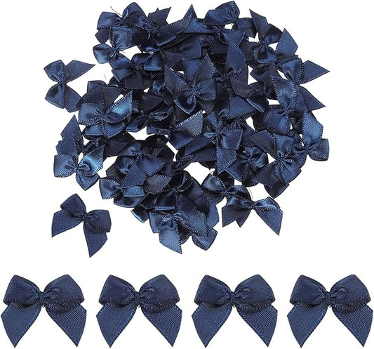 MECCANIXITY 50 Pcs Mini Ribbon Bow 1" Mini Fabric Satin Ribbon Flower Bows for Craft DIY Sewing Wedding Birthday Party Gift Wrap Bows Navy Blue