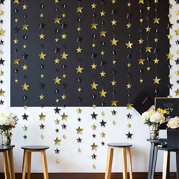 Cheerland 156ft Graduation Party Decorations Star Garland Black Gold Hanging Paper Twinkle Stars Streamer Grad Banner Wedding Backdrop for Starry Night Birthday Congrats Grad Class of 2026 Party Decor