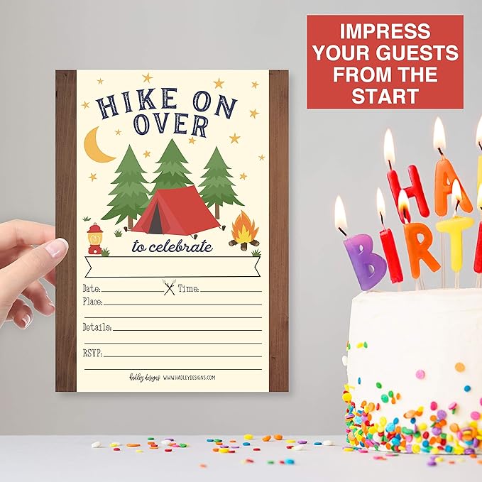 Hadley Designs Kids Birthday Invitations For Boys Camping Theme - 25 Camp Out Birthday Party Invitations For Boys, Camping Invites For Boy, Cute Outdoor Party Supplies, Made In USA