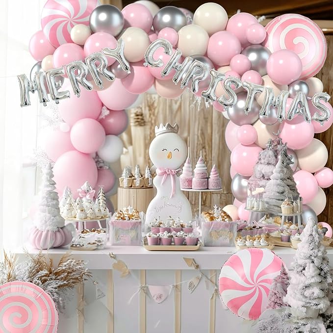 Christmas Balloon Garland Arch Kit 115pcs Pink Silver White Balloon Garland with Candy Windmill Merry Christmas Balloons for Xmas Party Decorations