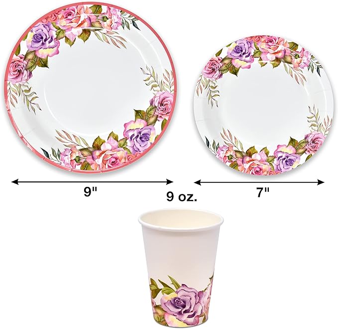 Gift Boutique 96 Pcs Floral Pink & Purple Flower Party Supplies Set Paper Plate Cup Napkin for Girl Baby Shower Tea Birthday Flowers Disposable Tableware Serves 24